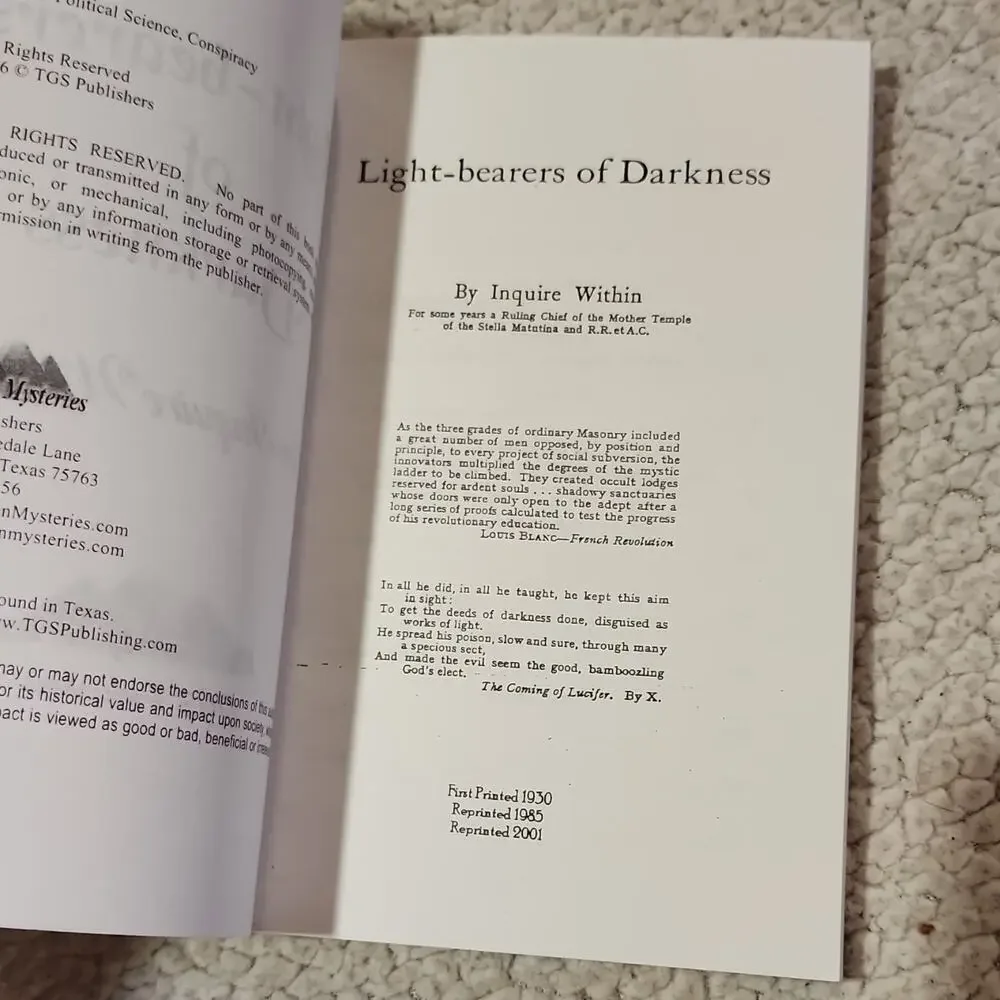 Inquire Within Light-bearers of Darkness Paperback Reprint 1950 Freemasonry